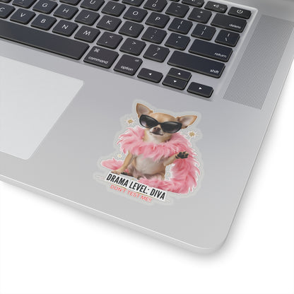 Drama Level: Diva Sticker, Funny Small Dog Attitude Vinyl Sticker, Pink Feather Boa Glam Pup, Gift For Pet Lovers Sassy Waterproof Decal