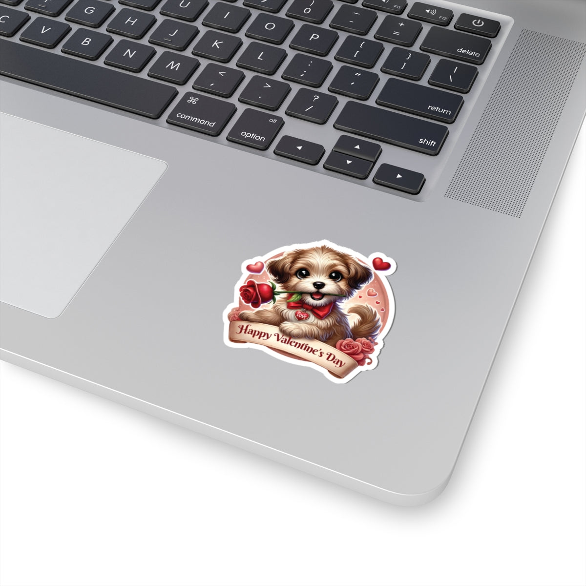 Valentines Day Puppy Sticker, Cute Dog With Rose, Gift For Her, Romantic Vinyl Decal Heart Bow Kiss Cut Waterproof Laptop Water Bottle Journal
