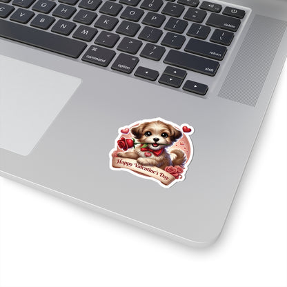 Valentines Day Puppy Sticker, Cute Dog With Rose, Gift For Her, Romantic Vinyl Decal Heart Bow Kiss Cut Waterproof Laptop Water Bottle Journal
