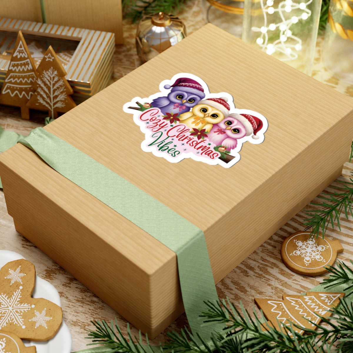 Cozy Christmas Vibes Owl Sticker, Cute Winter Holiday Sticker, Kiss Cut Waterproof Vinyl Sticker, Festive Gift Idea For Planners Scrapbooks