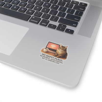 My Happy Place Sticker, Maine Coon Cat WiFi Coffee Introvert Vinyl Sticker, Realistic Cat Lover Gift, Cozy Office Decor Waterproof Laptop Decal