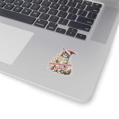 Christmas Tree Bandit Sticker, Maine Coon Cat Kiss Cut Sticker, Funny Xmas Cat Gift, Holiday Vinyl Sticker, Festive Laptop Journal Planner Art