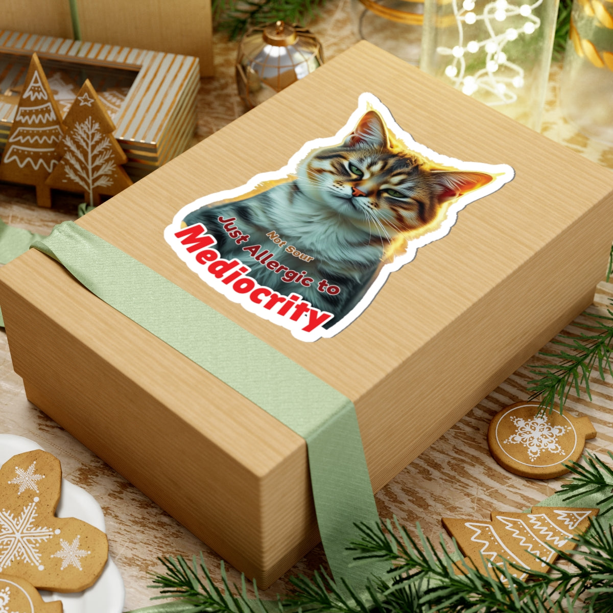 Not Sour Just Allergic To Mediocrity Cat Sticker, Funny Sarcastic Kitty Attitude Gift, Realistic Tabby Cat, Grumpy Cat Face Vinyl Sticker