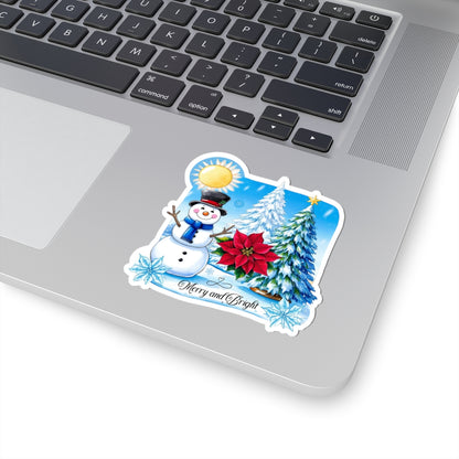 Merry Bright Snowman Sticker, Christmas Kiss Cut Sticker, Cute Winter Holiday Sticker, Festive Gift Idea, Waterproof Vinyl Sticker For Planners