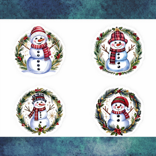 Four Snowman Sticker Set, Winter Holiday Decals, Christmas Snowmen Vinyl Stickers, Wreath Art For Laptop, Planner, Scrapbook, Mug,Journal