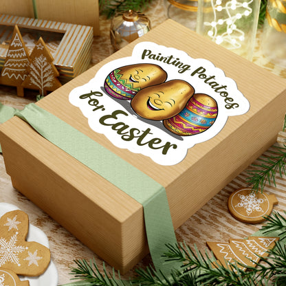 Painting Potatoes For Easter Sticker, Funny Easter Humor Vinyl Kiss Cut Decal, Cute Easter Basket Pun Art Sticker for Laptop Planner Mug Gift