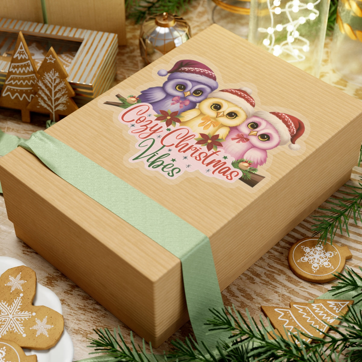 Cozy Christmas Vibes Owl Sticker, Cute Winter Holiday Sticker, Kiss Cut Waterproof Vinyl Sticker, Festive Gift Idea For Planners Scrapbooks