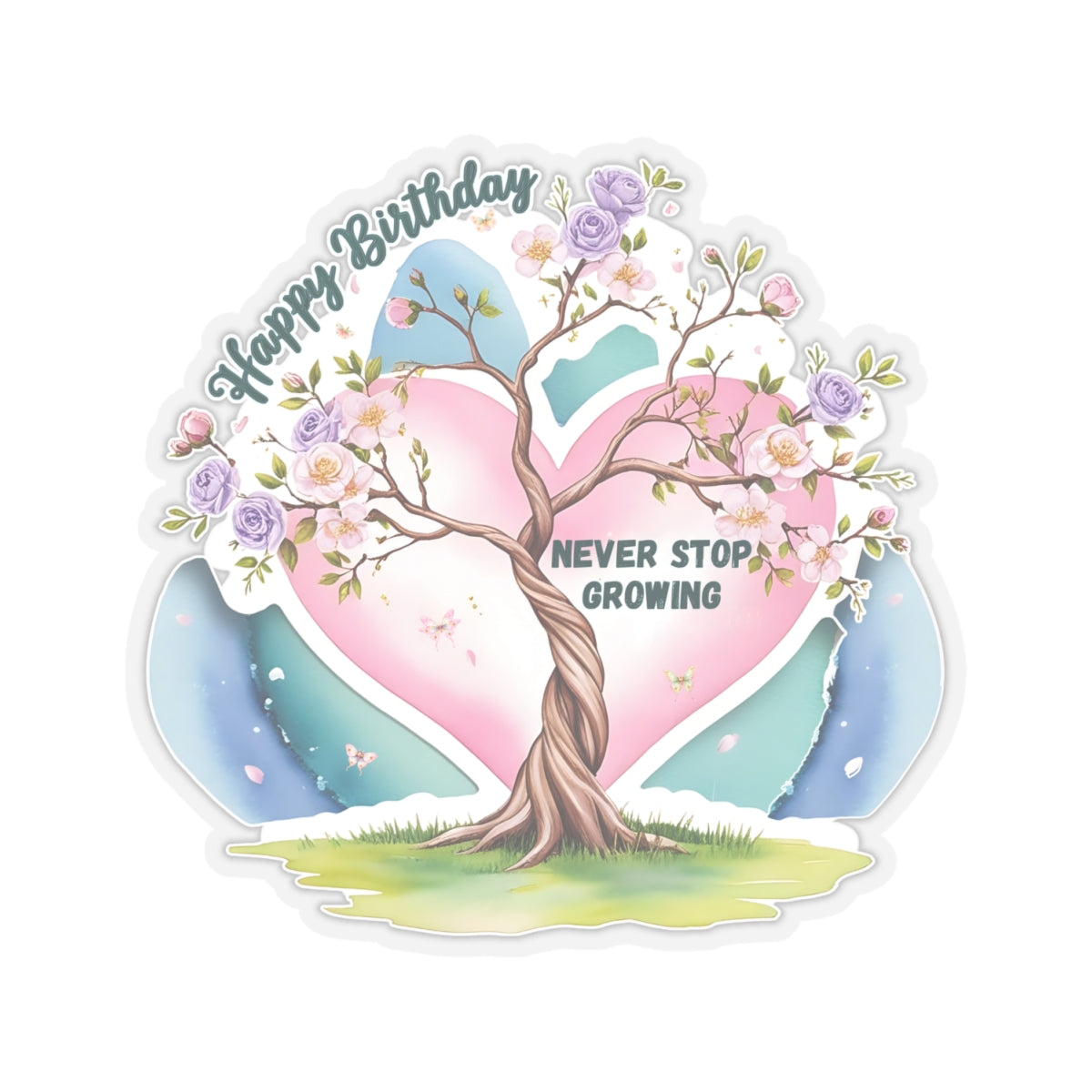 Happy Birthday Sticker, Never Stop Growing Floral Watercolor Wreath Vinyl Sticker, Encouragement Gift Uplifting Birthday Quote Art Gift