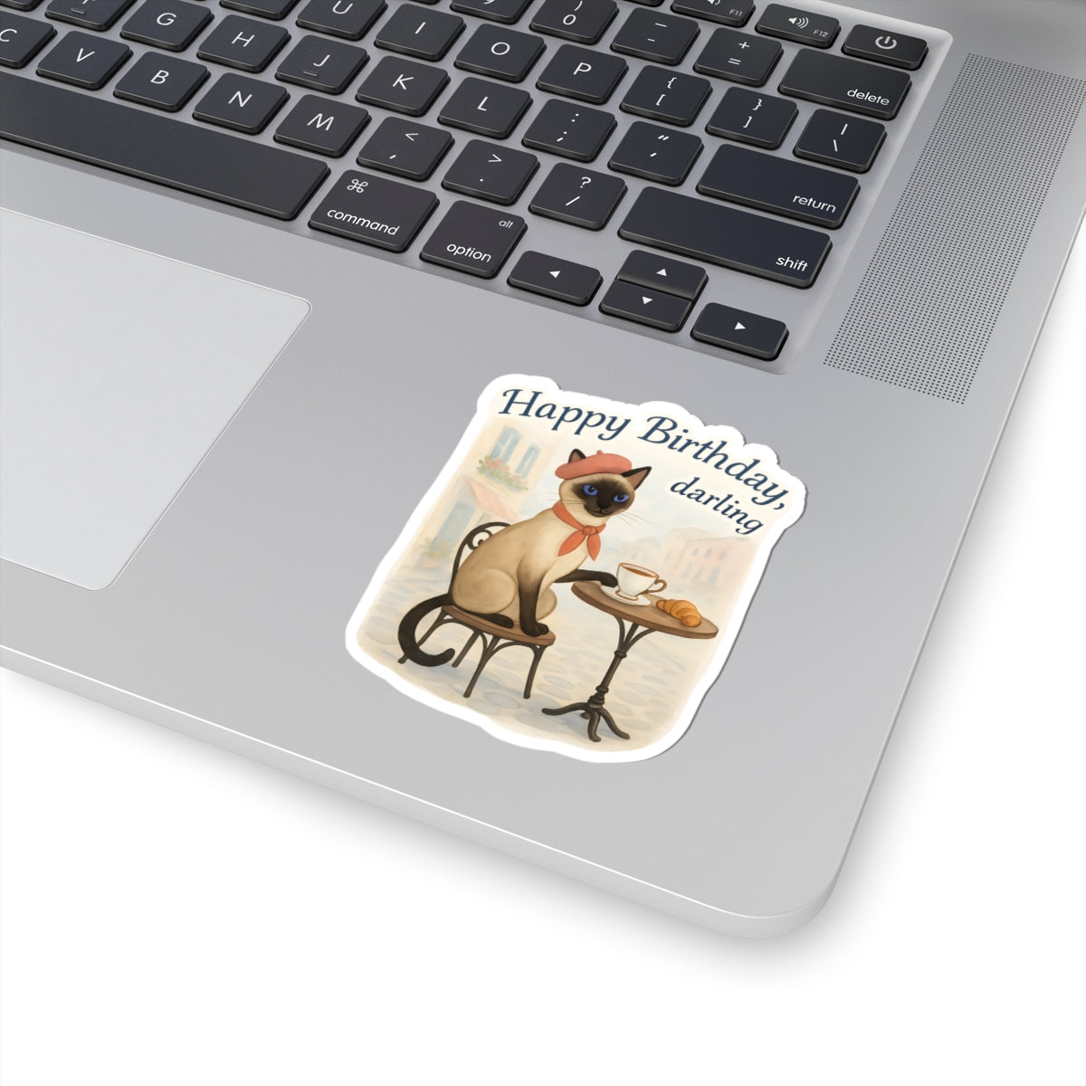 Happy Birthday Sticker, Cute Siamese Cat French Cafe Drinking Coffee, Watercolor Birthday Card Alternative, Cat Birthday Sticker, Cat Lover Gift