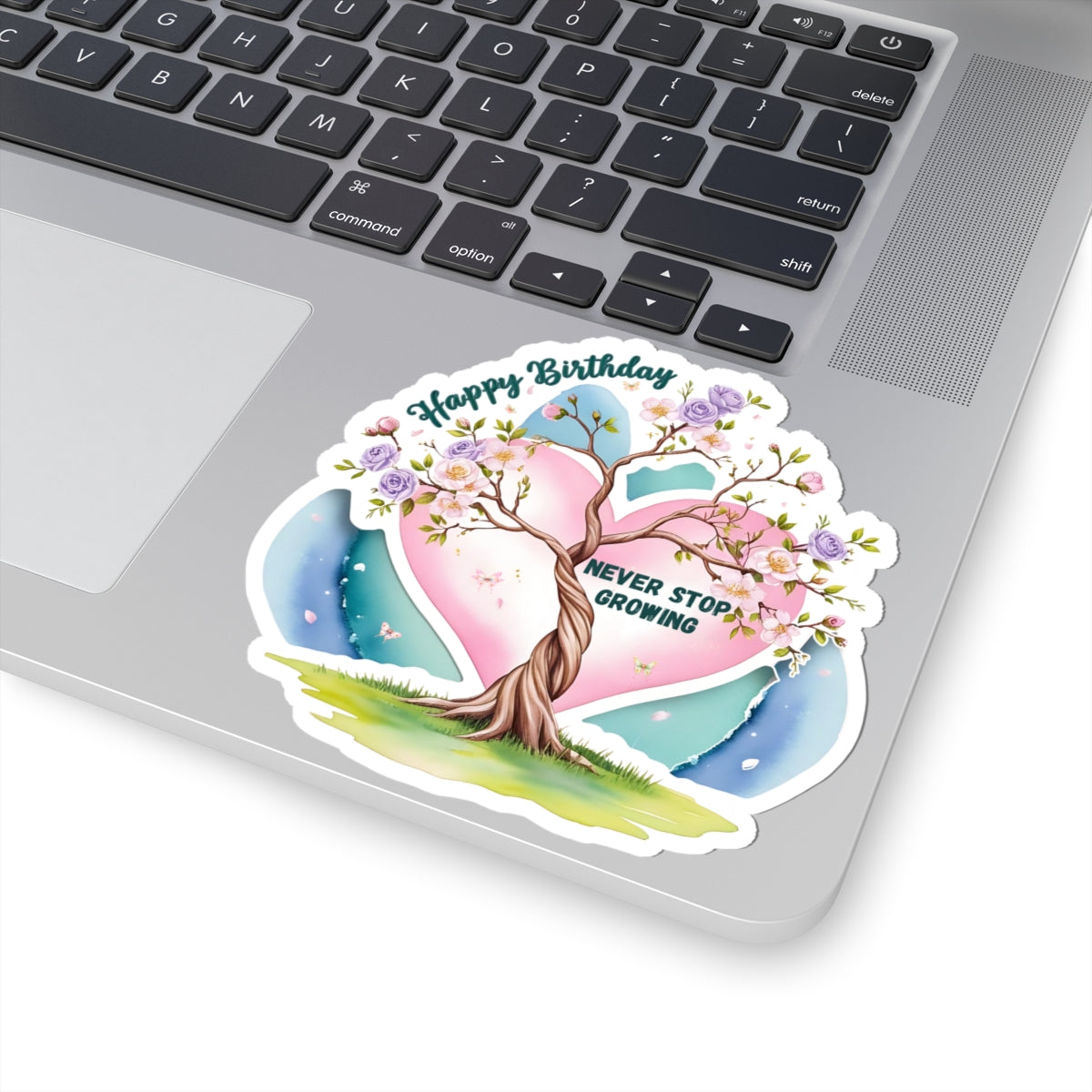 Happy Birthday Sticker, Never Stop Growing Floral Watercolor Wreath Vinyl Sticker, Encouragement Gift Uplifting Birthday Quote Art Gift
