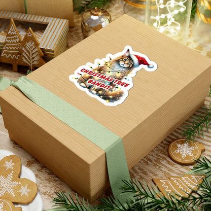 Christmas Tree Bandit Sticker, Maine Coon Cat Kiss Cut Sticker, Funny Xmas Cat Gift, Holiday Vinyl Sticker, Festive Laptop Journal Planner Art