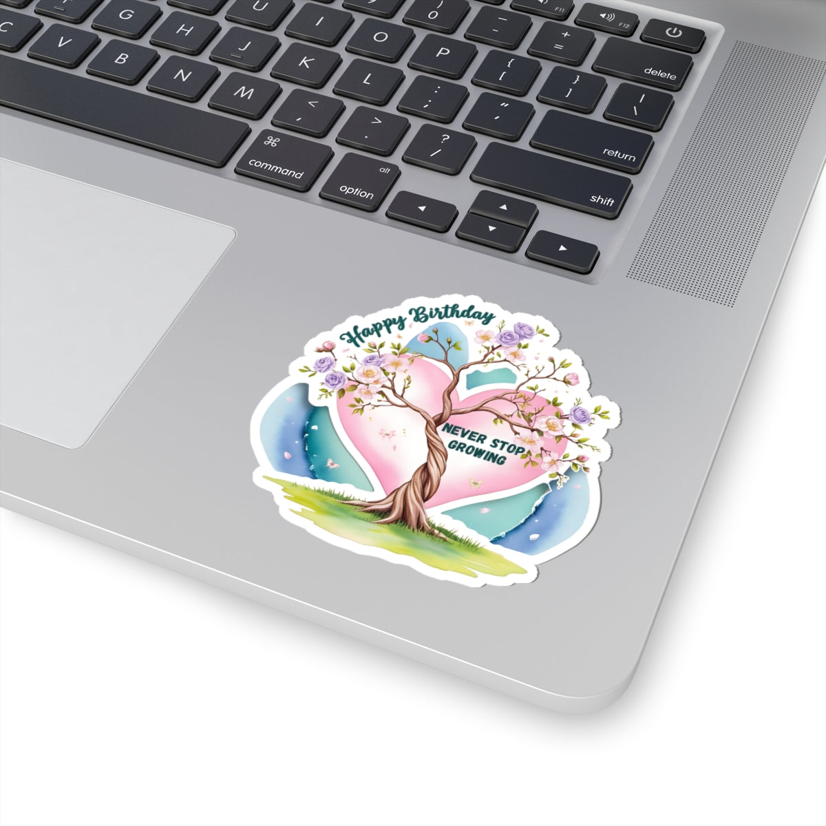 Happy Birthday Sticker, Never Stop Growing Floral Watercolor Wreath Vinyl Sticker, Encouragement Gift Uplifting Birthday Quote Art Gift