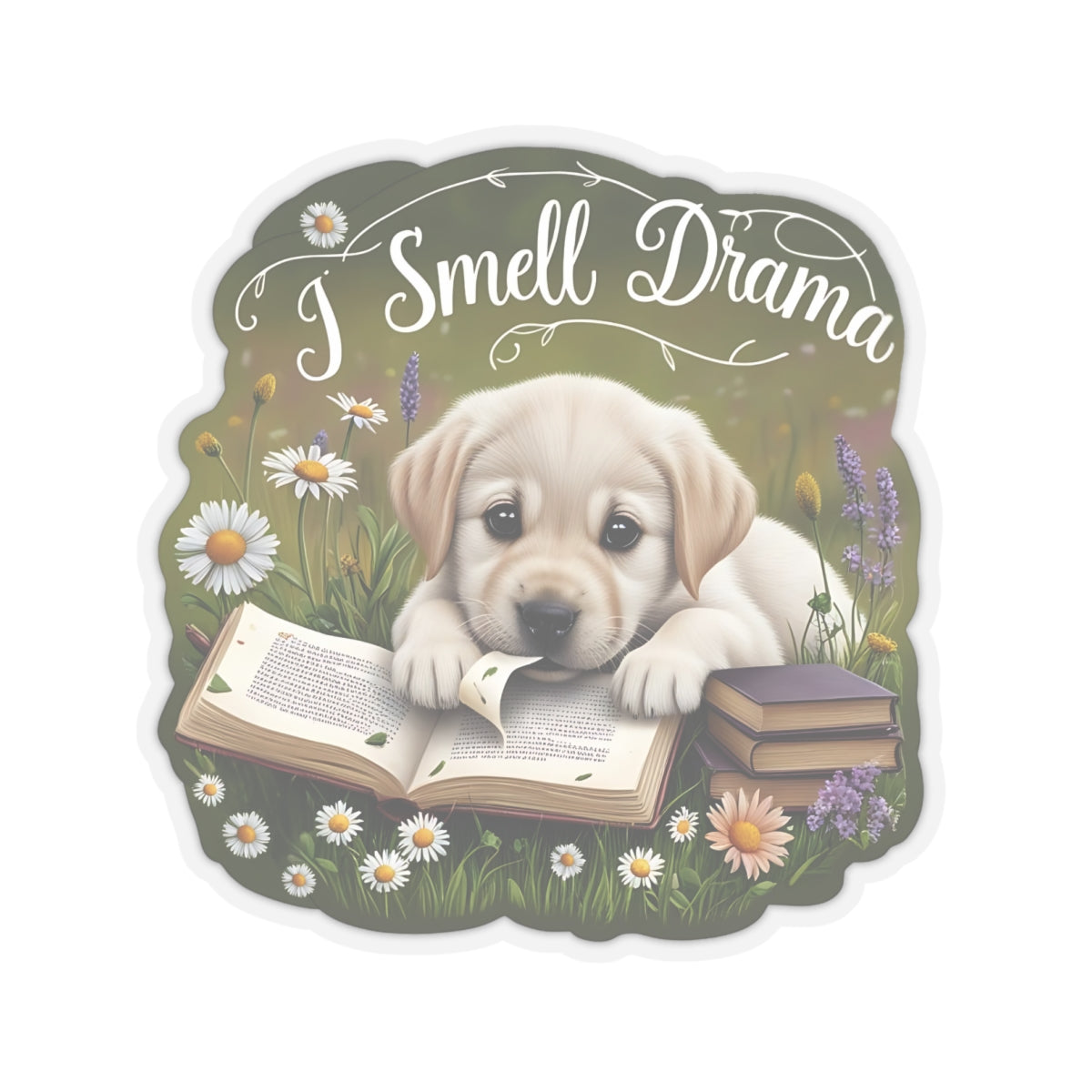 I Smell Drama Sticker, Cute Labrador Puppy Book Lover Gift, Reading Dog Vinyl Sticker, Daisy Meadow Decor, Waterproof Literary Dog Decal Gift