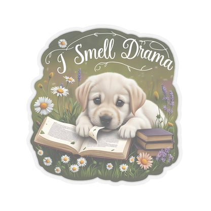 I Smell Drama Sticker, Cute Labrador Puppy Book Lover Gift, Reading Dog Vinyl Sticker, Daisy Meadow Decor, Waterproof Literary Dog Decal Gift