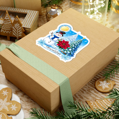 Merry Bright Snowman Sticker, Christmas Kiss Cut Sticker, Cute Winter Holiday Sticker, Festive Gift Idea, Waterproof Vinyl Sticker For Planners