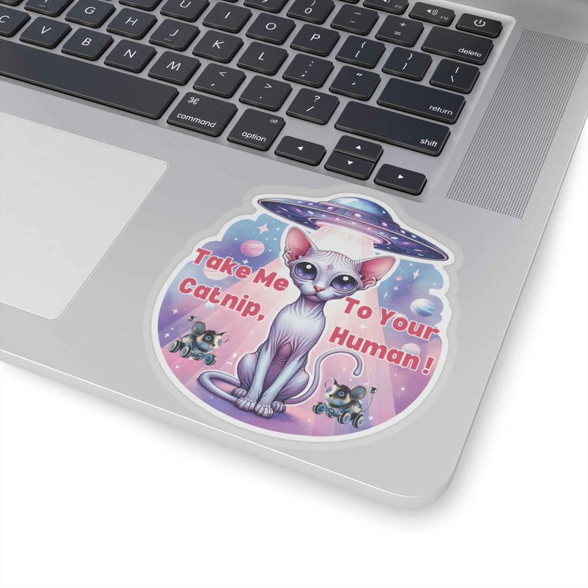 Take Me To Your Catnip Human, Cat Alien Kiss Cut Sticker for Laptops, Water Bottles & More