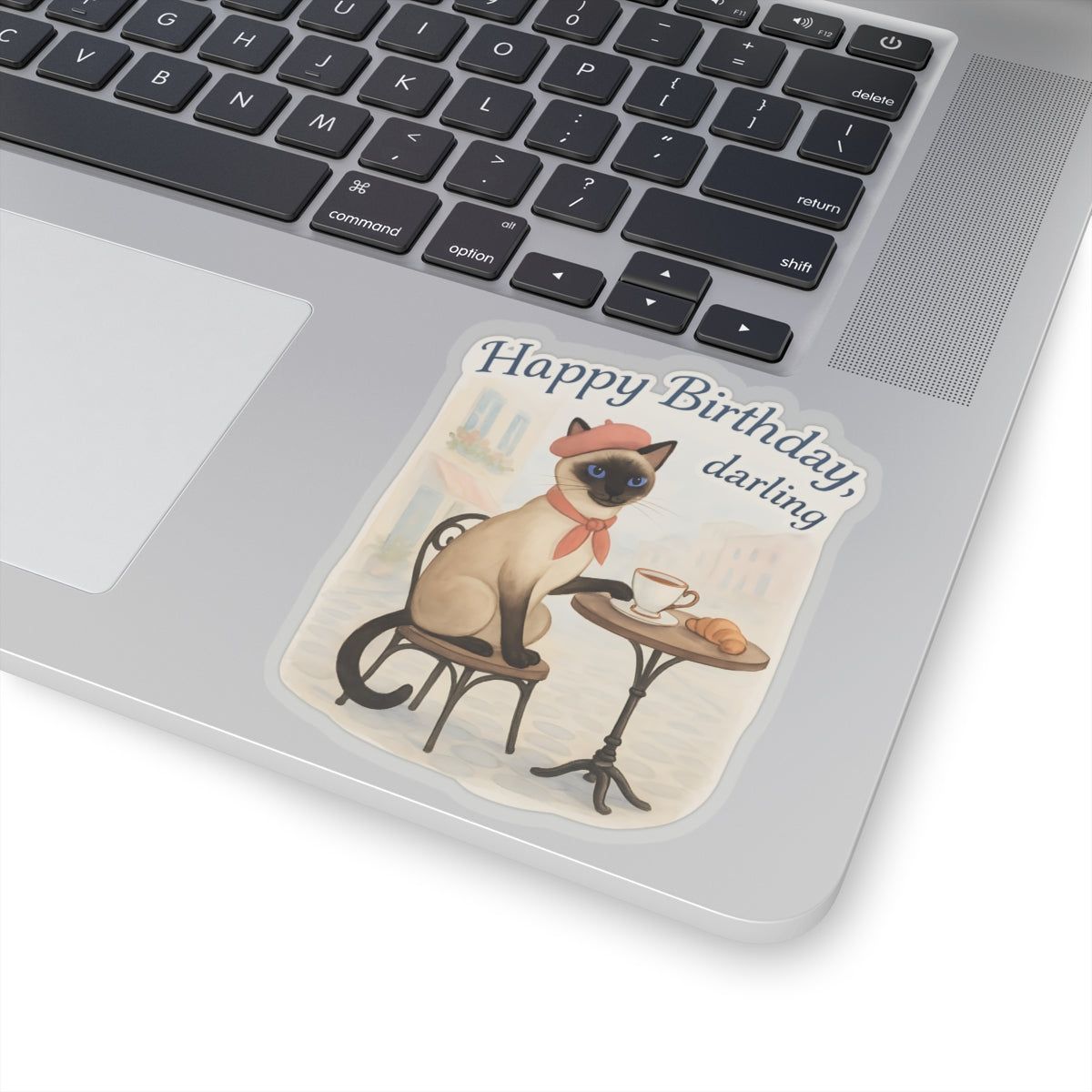 Happy Birthday Sticker, Cute Siamese Cat French Cafe Drinking Coffee, Watercolor Birthday Card Alternative, Cat Birthday Sticker, Cat Lover Gift