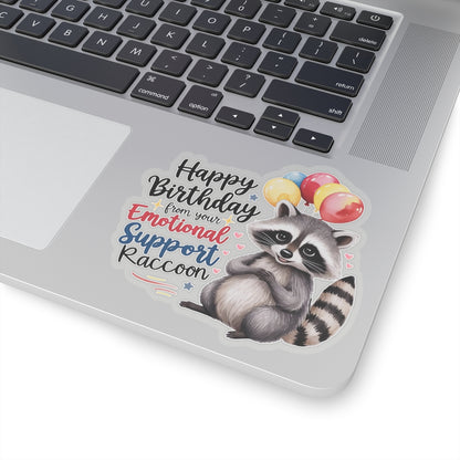 Raccoon Birthday Sticker, Emotional Support Animal Funny Gift Vinyl, Waterproof Decal Cute Animal Hug Balloons Encouragement Sticker