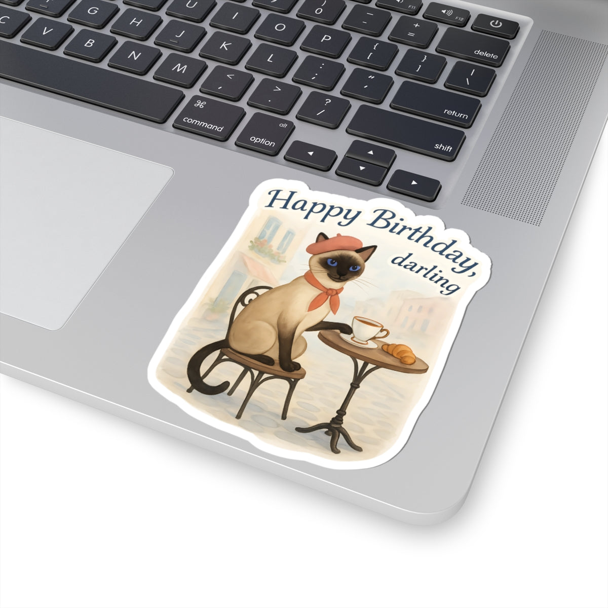 Happy Birthday Sticker, Cute Siamese Cat French Cafe Drinking Coffee, Watercolor Birthday Card Alternative, Cat Birthday Sticker, Cat Lover Gift