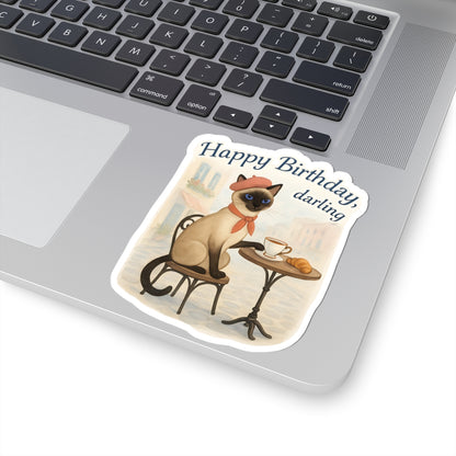 Happy Birthday Sticker, Cute Siamese Cat French Cafe Drinking Coffee, Watercolor Birthday Card Alternative, Cat Birthday Sticker, Cat Lover Gift