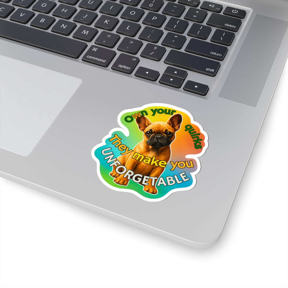 Own Your Quirks French Bulldog Vinyl Decal, Cute Dog Lover Gift Waterproof Sticker, Laptop Water Bottle Planner Funny Pet Sticker
