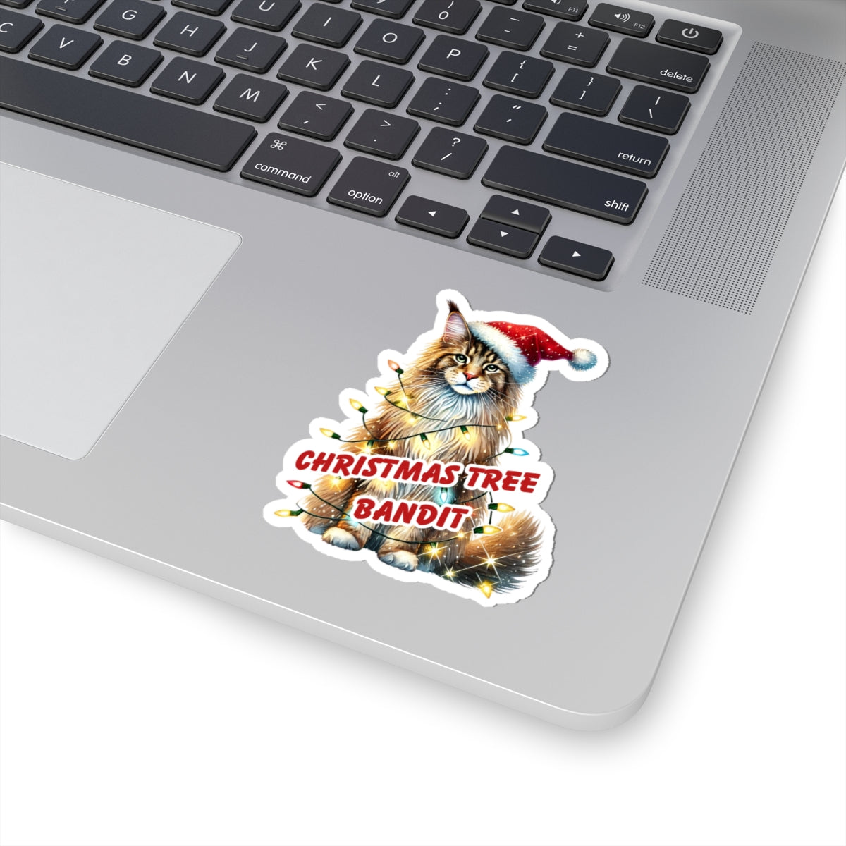 Christmas Tree Bandit Sticker, Maine Coon Cat Kiss Cut Sticker, Funny Xmas Cat Gift, Holiday Vinyl Sticker, Festive Laptop Journal Planner Art