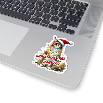 Christmas Tree Bandit Sticker, Maine Coon Cat Kiss Cut Sticker, Funny Xmas Cat Gift, Holiday Vinyl Sticker, Festive Laptop Journal Planner Art