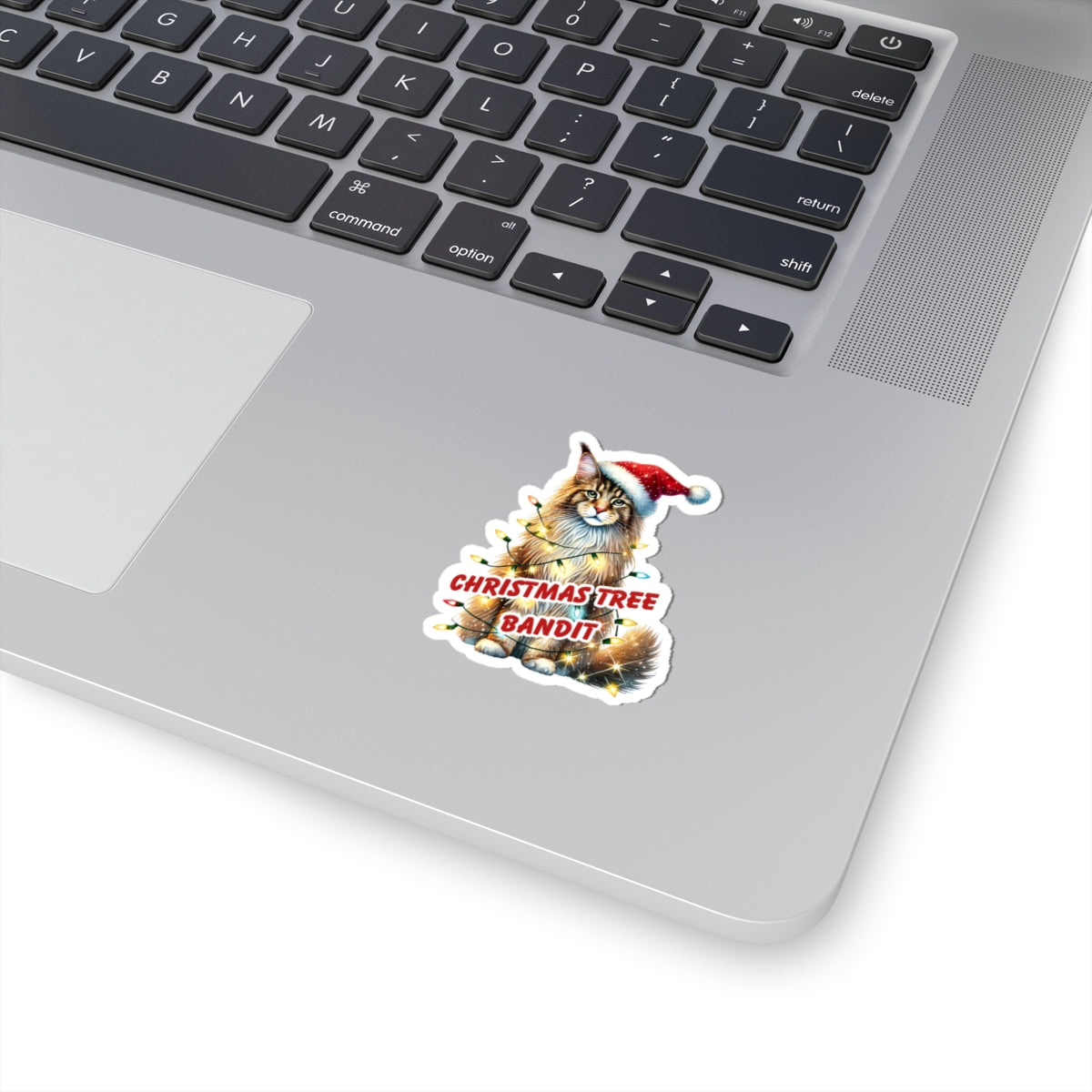 Christmas Tree Bandit Sticker, Maine Coon Cat Kiss Cut Sticker, Funny Xmas Cat Gift, Holiday Vinyl Sticker, Festive Laptop Journal Planner Art