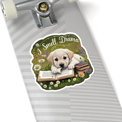 I Smell Drama Sticker, Cute Labrador Puppy Book Lover Gift, Reading Dog Vinyl Sticker, Daisy Meadow Decor, Waterproof Literary Dog Decal Gift