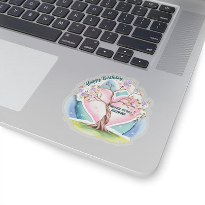 Happy Birthday Sticker, Never Stop Growing Floral Watercolor Wreath Vinyl Sticker, Encouragement Gift Uplifting Birthday Quote Art Gift