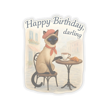 Happy Birthday Sticker, Cute Siamese Cat French Cafe Drinking Coffee, Watercolor Birthday Card Alternative, Cat Birthday Sticker, Cat Lover Gift
