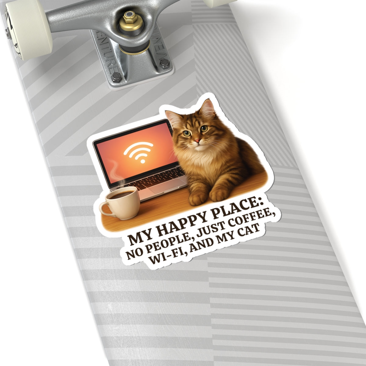 My Happy Place Sticker, Maine Coon Cat WiFi Coffee Introvert Vinyl Sticker, Realistic Cat Lover Gift, Cozy Office Decor Waterproof Laptop Decal
