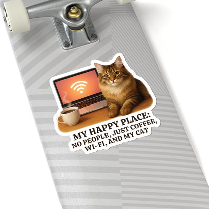 My Happy Place Sticker, Maine Coon Cat WiFi Coffee Introvert Vinyl Sticker, Realistic Cat Lover Gift, Cozy Office Decor Waterproof Laptop Decal