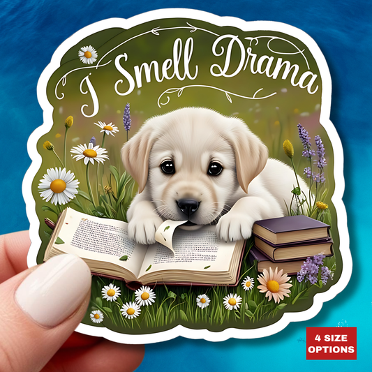 I Smell Drama Sticker, Cute Labrador Puppy Book Lover Gift, Reading Dog Vinyl Sticker, Daisy Meadow Decor, Waterproof Literary Dog Decal Gift