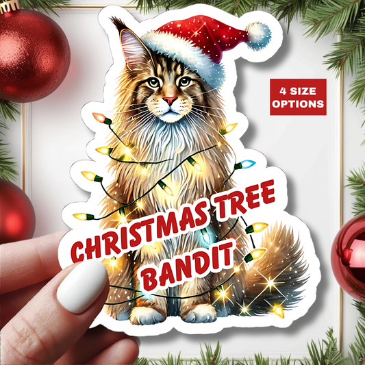 Christmas Tree Bandit Sticker, Maine Coon Cat Kiss Cut Sticker, Funny Xmas Cat Gift, Holiday Vinyl Sticker, Festive Laptop Journal Planner Art