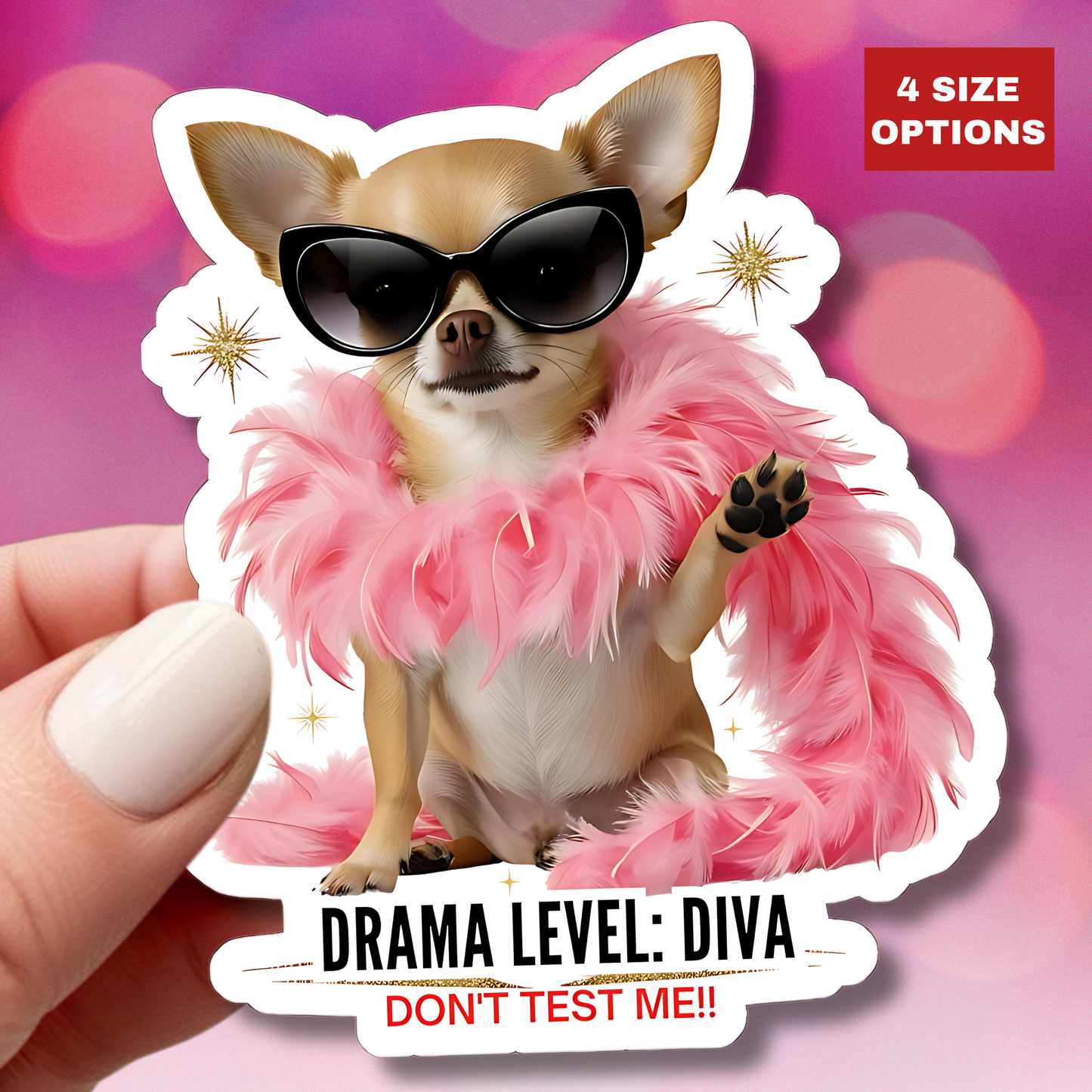 Drama Level: Diva Sticker, Funny Small Dog Attitude Vinyl Sticker, Pink Feather Boa Glam Pup, Gift For Pet Lovers Sassy Waterproof Decal