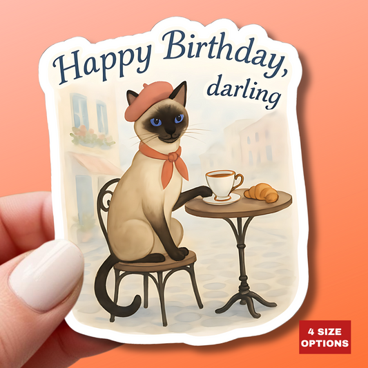 Happy Birthday Sticker, Cute Siamese Cat French Cafe Drinking Coffee, Watercolor Birthday Card Alternative, Cat Birthday Sticker, Cat Lover Gift