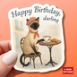 Happy Birthday Sticker, Cute Siamese Cat French Cafe Drinking Coffee, Watercolor Birthday Card Alternative, Cat Birthday Sticker, Cat Lover Gift