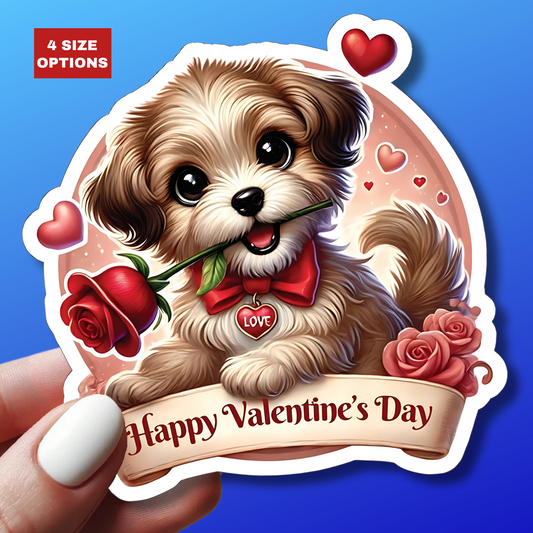 Valentines Day Puppy Sticker, Cute Dog With Rose, Gift For Her, Romantic Vinyl Decal Heart Bow Kiss Cut Waterproof Laptop Water Bottle Journal