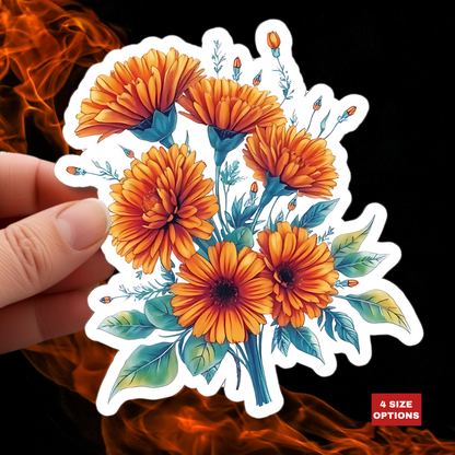 Marigold Flower Sticker, Symbol Of Strength October Birth Flower Gift, Waterproof Vinyl Decal Kiss Cut Floral Laptop Water Bottle Scrapbook