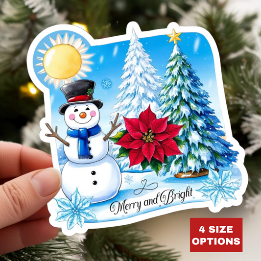 Merry Bright Snowman Sticker, Christmas Kiss Cut Sticker, Cute Winter Holiday Sticker, Festive Gift Idea, Waterproof Vinyl Sticker For Planners