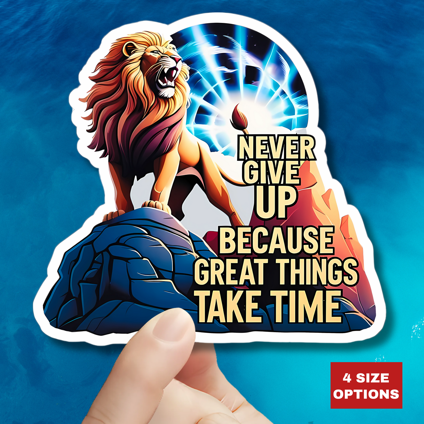 Roaring Lion Stickers, Motivational Quote Decals, Inspirational Laptop Decor, Never Give Up Journal Planner Mug Sticker, Great Things Take Time