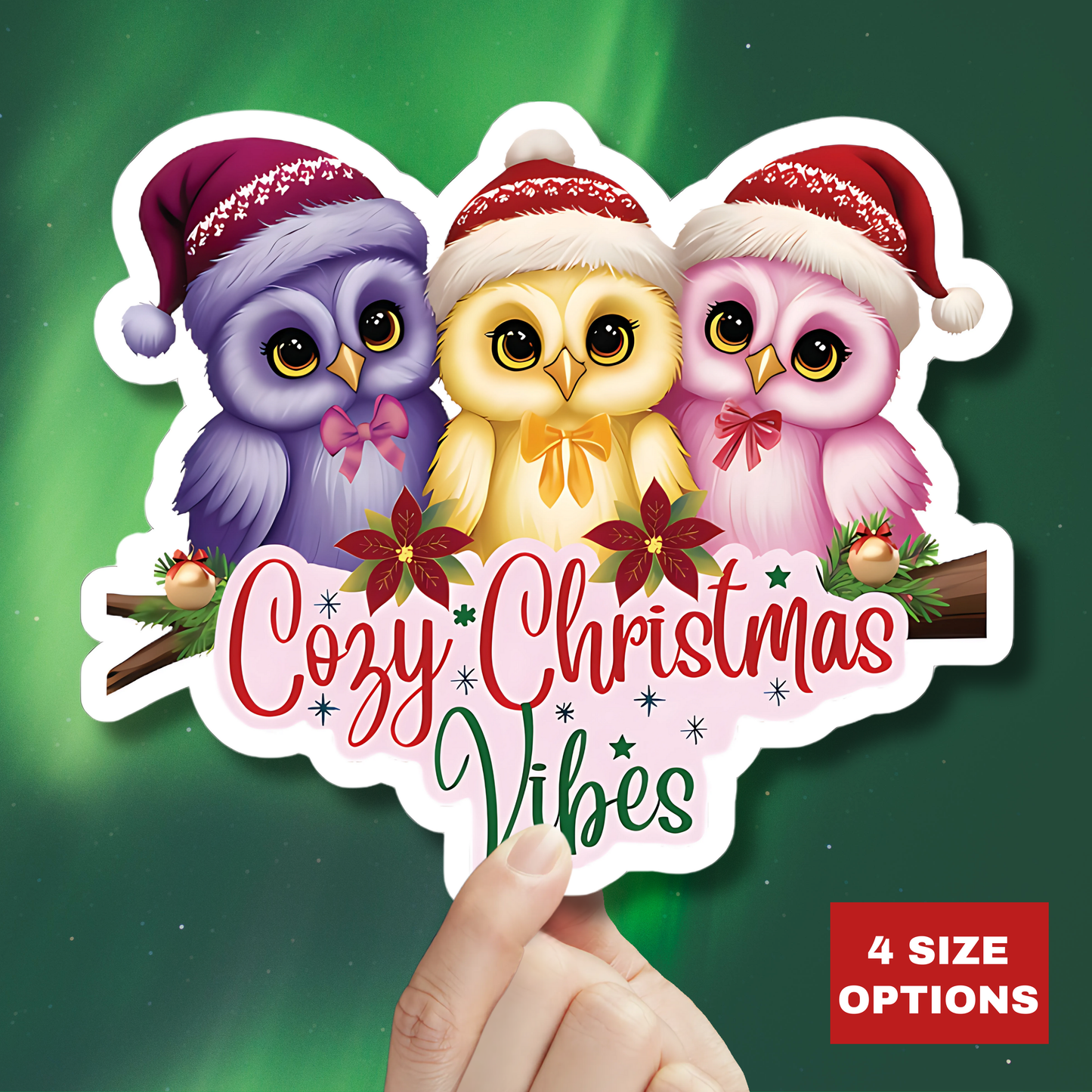 Cozy Christmas Vibes Owl Sticker, Cute Winter Holiday Sticker, Kiss Cut Waterproof Vinyl Sticker, Festive Gift Idea For Planners Scrapbooks