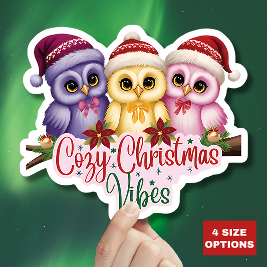 Cozy Christmas Vibes Owl Sticker, Cute Winter Holiday Sticker, Kiss Cut Waterproof Vinyl Sticker, Festive Gift Idea For Planners Scrapbooks