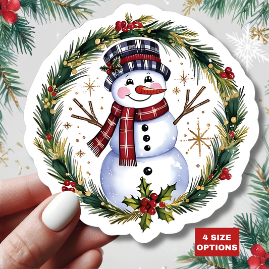 Jolly Snowman In Wreath Sticker, Christmas Winter Holiday Decor, Merry Season Scrapbook Decals, Cute Snowman Vinyl Gift, Tag Laptop Mug
