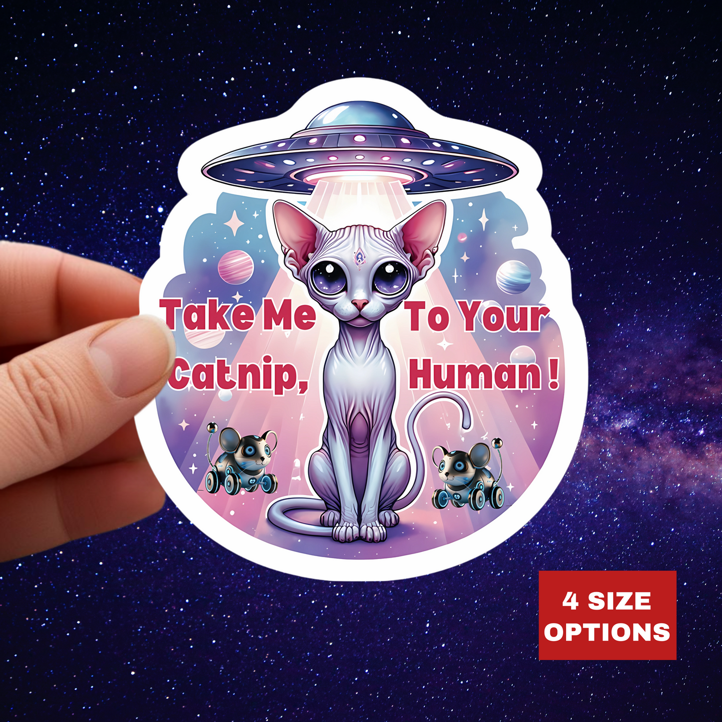 Take Me To Your Catnip Human, Cat Alien Kiss Cut Sticker for Laptops, Water Bottles & More