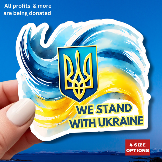 We Stand With Ukraine Sticker, Ukrainian Flag Trident Support Decal, Slava Ukraini Vinyl Waterproof Kiss Cut Laptop Water Bottle Journal Car