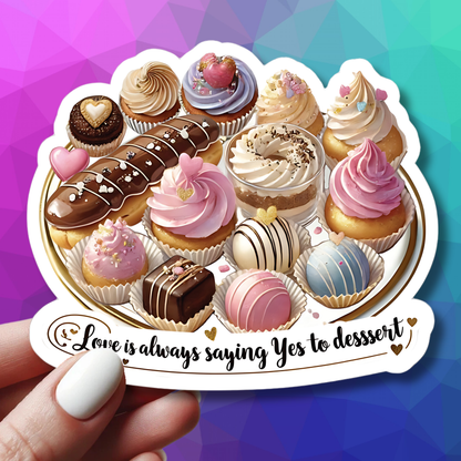 Love Is Always Saying Yes To Dessert Cute Foodie Sticker, Funny Dessert Lover Sticker, Sweet Treat Quote Sticke,  Positive Vibes Sticker Gift