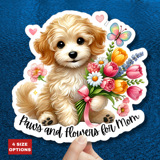 Paws And Flowers For Mom Sticker, Cute Dog Sticker, Mom Gift Sticker, Watercolor Vinyl Sticker, Floral Puppy Decal, Mother's Day Gift For Dog Lovers, Pet Stickers