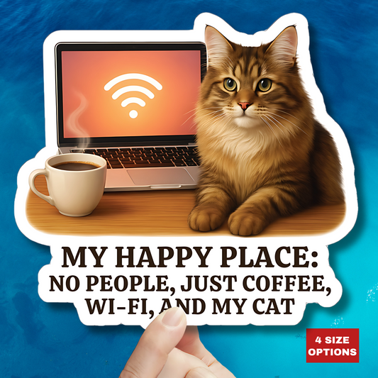 My Happy Place Sticker, Maine Coon Cat WiFi Coffee Introvert Vinyl Sticker, Realistic Cat Lover Gift, Cozy Office Decor Waterproof Laptop Decal